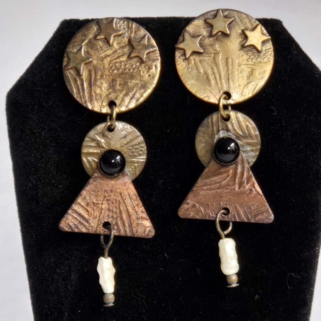 Vntg Silver Forest Celestial Mother Earth & 3 Stars Dangle Earrings 2 1/4